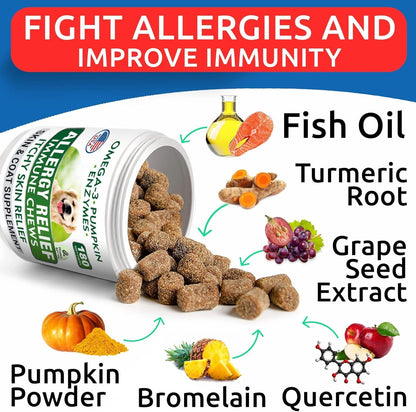 Dog Allergy Relief Soft Chews for Skin Health & Seasonal Allergies - Anti-Itch Supplement W/Omega-3, Quercetin & Bromelain Immune Treats for Dry Skin & Hot Spots - Peanut Butter - 180Ct