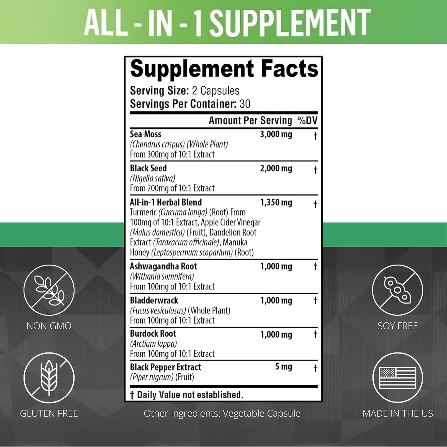 Sea Moss Black Seed Oil Ashwagandha Turmeric Bladderwrack Burdock Root | Advanced Sea Moss Capsules All in One Supplement with Seamoss Black Seed Oil Burdock Root Capsules - 60 Count