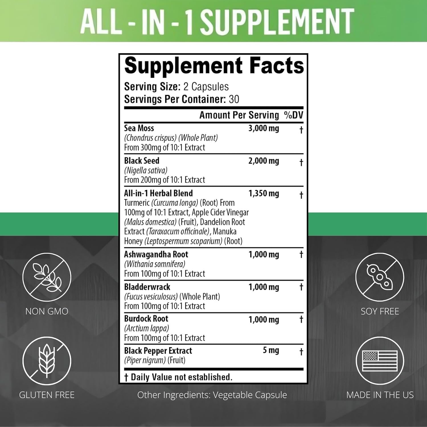 Sea Moss Black Seed Oil Ashwagandha Turmeric Bladderwrack Burdock Root | Advanced Sea Moss Capsules All in One Supplement with Seamoss Black Seed Oil Burdock Root Capsules - 60 Count