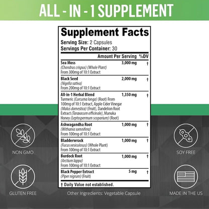 Sea Moss Black Seed Oil Ashwagandha Turmeric Bladderwrack Burdock Root | Advanced Sea Moss Capsules All in One Supplement with Seamoss Black Seed Oil Burdock Root Capsules - 60 Count