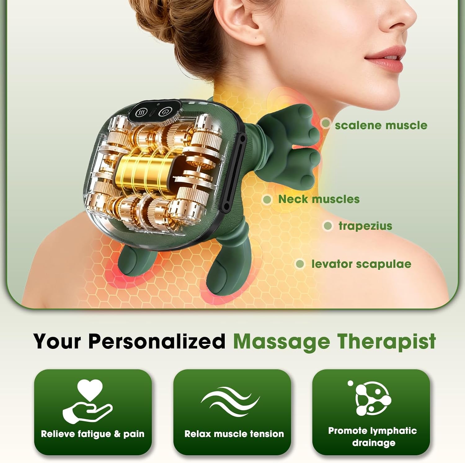 Neck and Shoulder Massager with Bionic Hand - 4D Kneading Shiatsu with Heat, Wireless Portable Rechargeable Deep Tissue Massager for Pain Relief, Home/Office (Green)