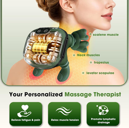 Neck and Shoulder Massager with Bionic Hand - 4D Kneading Shiatsu with Heat, Wireless Portable Rechargeable Deep Tissue Massager for Pain Relief, Home/Office (Green)