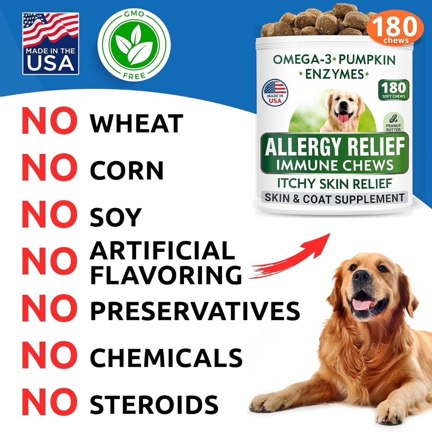 Dog Allergy Relief Soft Chews for Skin Health & Seasonal Allergies - Anti-Itch Supplement W/Omega-3, Quercetin & Bromelain Immune Treats for Dry Skin & Hot Spots - Peanut Butter - 180Ct
