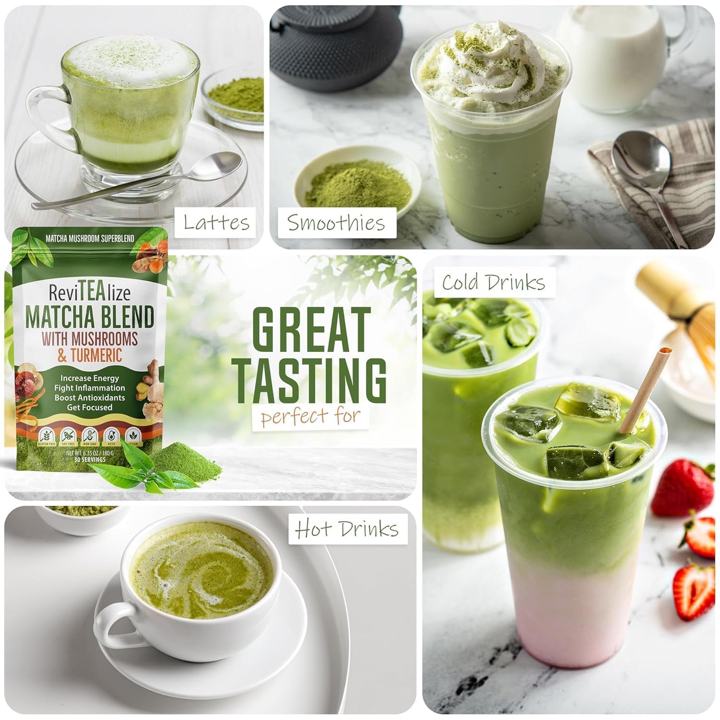 Mushroom Matcha - Organic Ceremonial Grade Matcha (60 Servings) | 7 Mushrooms & Adaptogens - Coffee Alternative for Energy, Focus & Gut Health
