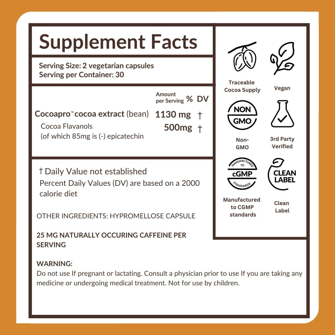Cardio Health Supplement, 60 Day, 500Mg Cocoa Flavanols, Support Heart Health, Boost Nitric Oxide, Blood Circulation, Energy, Vegan, Dark Chocolate, 120 Capsules