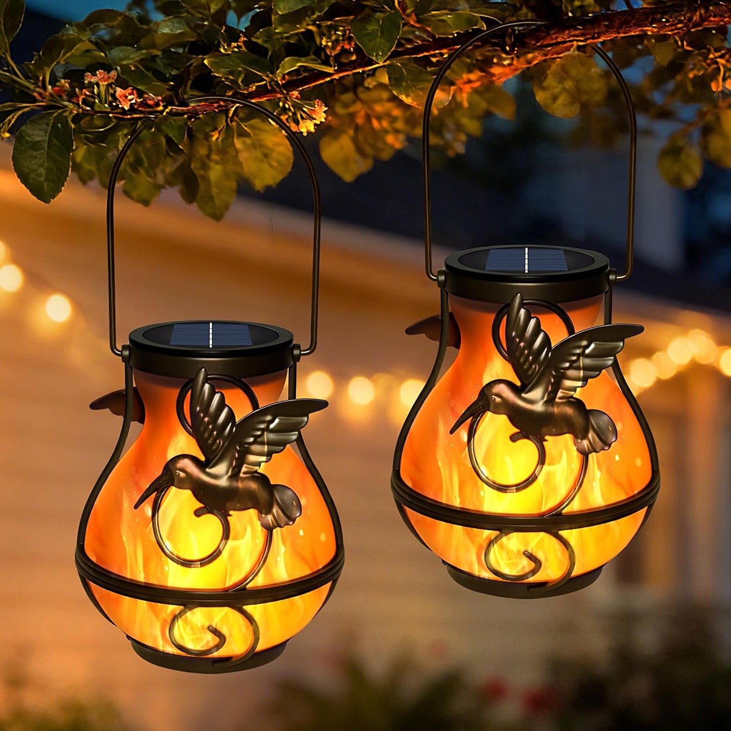 2 Pack Solar Lanterns Outdoor Waterproof Flickering Flame Light Hummingbird Hanging Solar Powered Lantern for Yard Patio Porch Outdoor Garden Decor，Gifts for Women and Moms