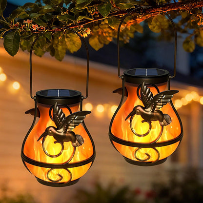 2 Pack Solar Lanterns Outdoor Waterproof Flickering Flame Light Hummingbird Hanging Solar Powered Lantern for Yard Patio Porch Outdoor Garden Decor，Gifts for Women and Moms