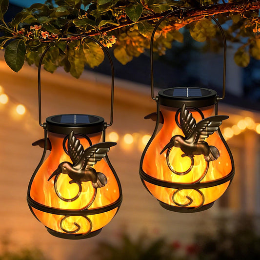 2 Pack Solar Lanterns Outdoor Waterproof Flickering Flame Light Hummingbird Hanging Solar Powered Lantern for Yard Patio Porch Outdoor Garden Decor，Gifts for Women and Moms