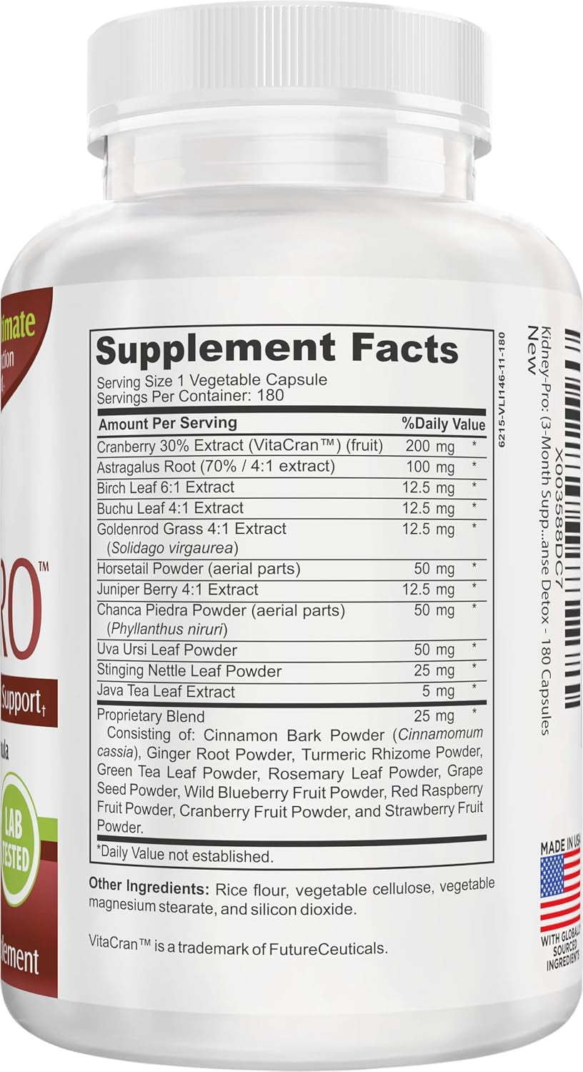 Kidney-Pro (3-Month) with 21 Kidney Support Supplements in 1 Formula | Men & Women | Health Supplement Complex | 90-Day Bulk Supply | 180 Capsules