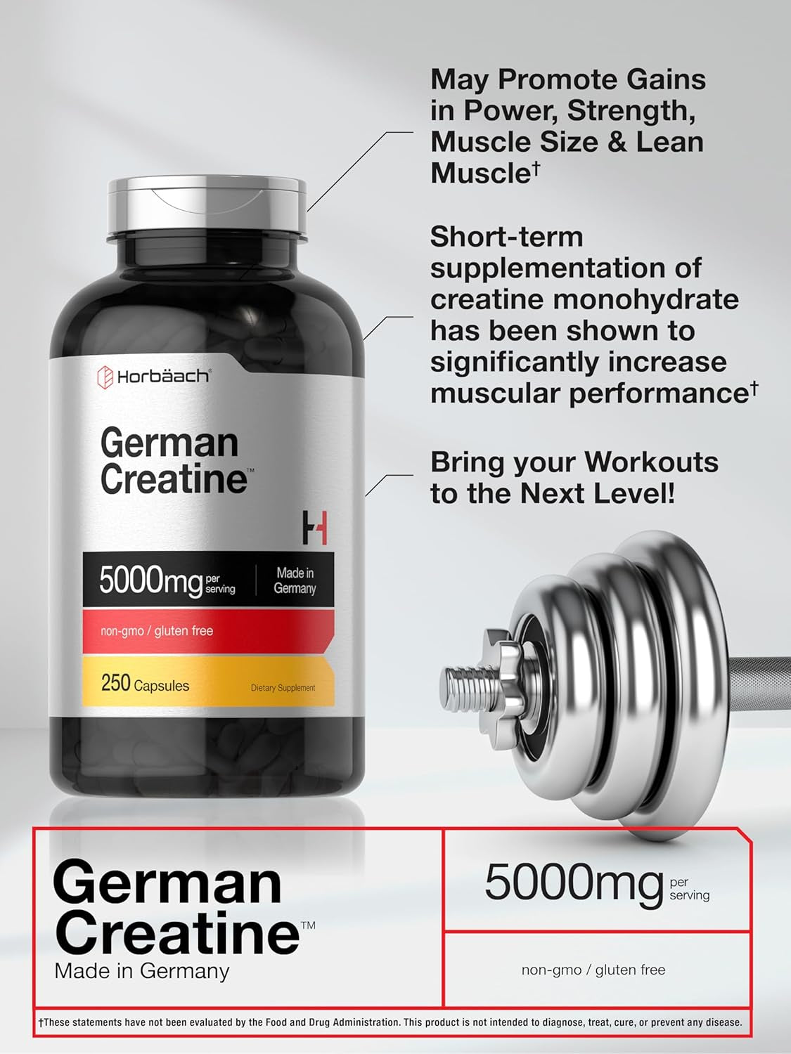 Horbaach German Creatine Monohydrate | 5000Mg | 250 Powder Capsules | Non-Gmo & Gluten Free Supplement