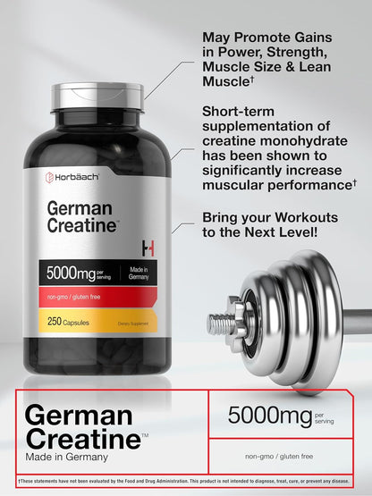 Horbaach German Creatine Monohydrate | 5000Mg | 250 Powder Capsules | Non-Gmo & Gluten Free Supplement