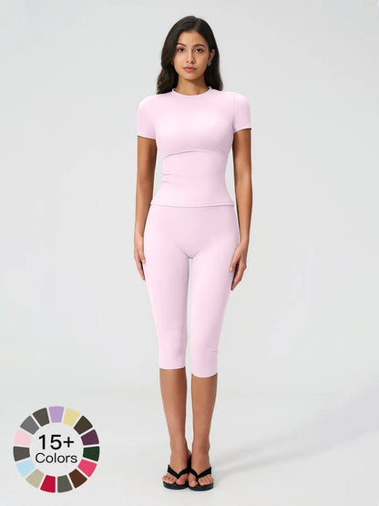 Breathable Tight Yoga Set, Quick-Dry Fitness Wear, Versatile Short Sleeve Tee & High Waist Capri Pants, Sporty Outfit for All Seasons, Solid Sports Sets