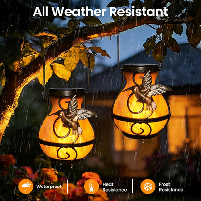 2 Pack Solar Lanterns Outdoor Waterproof Flickering Flame Light Hummingbird Hanging Solar Powered Lantern for Yard Patio Porch Outdoor Garden Decor，Gifts for Women and Moms