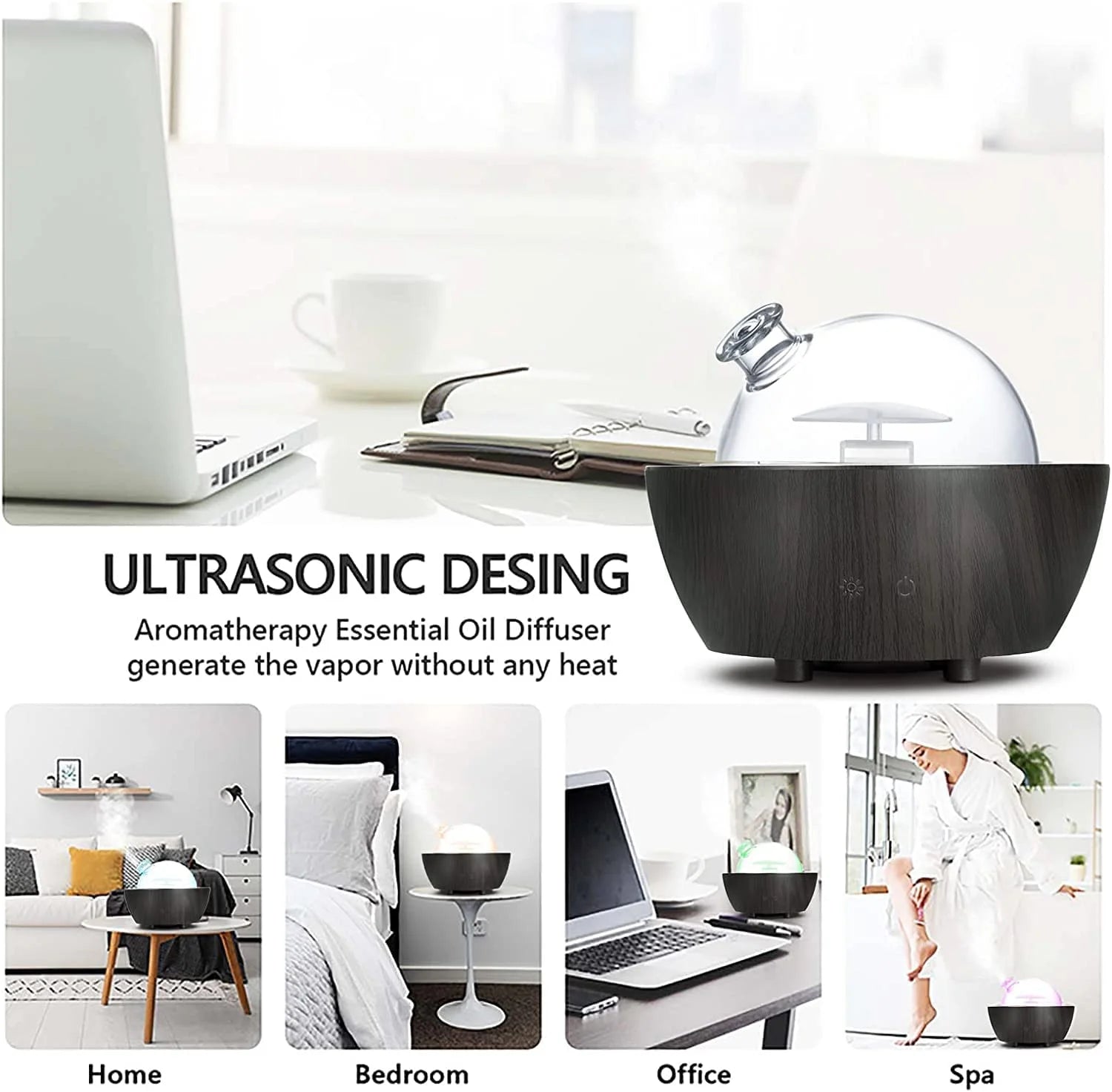 280Ml Glass Essential Oil Diffuser Aromatherapy Diffusers Ultrasonic Cool Mist Humidifier with 2 Mist Modes & 7 Color LED Lights and Waterless Auto Shut-Off for Home Office Spa Bedroom,Dark Wood Grain