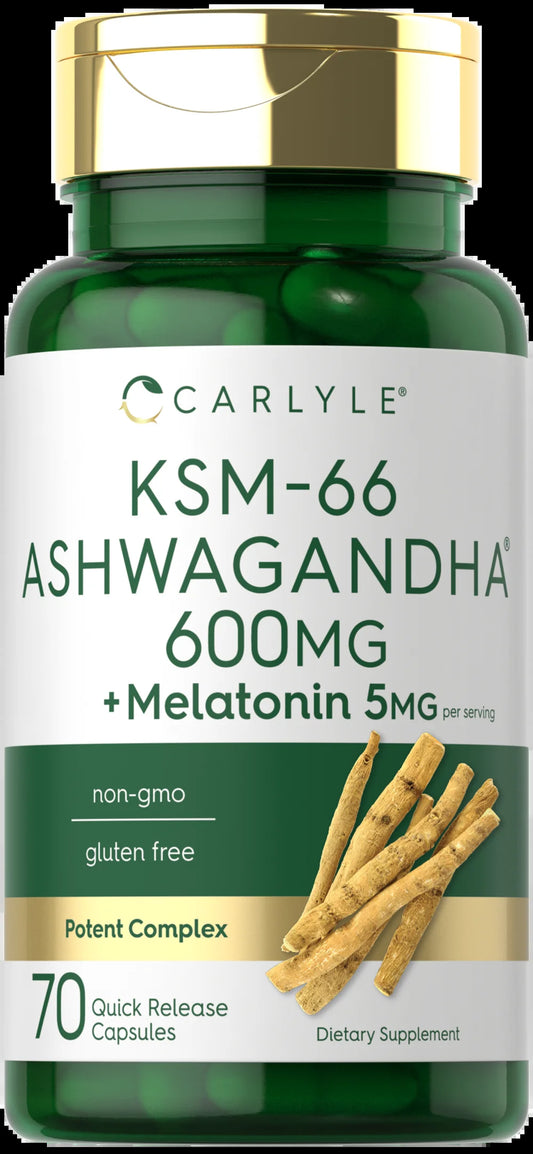 KSM-66 Ashwagandha Capsules 600Mg | 70 Count for Men and Women | with Melatonin 5Mg | by