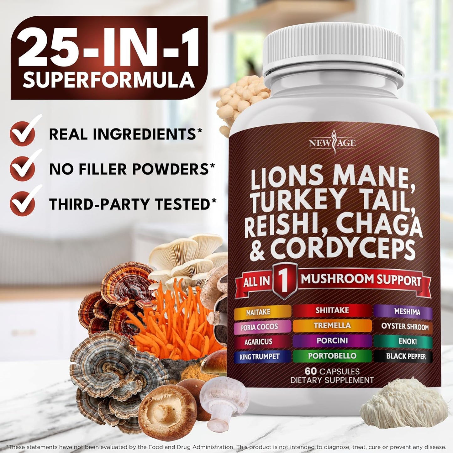 Lions Mane Mushroom Supplement with Turkey Tail Reishi Cordyceps Chaga with Marshmallow Root - 120 Count