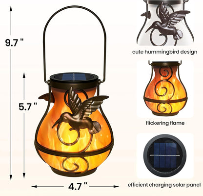 2 Pack Solar Lanterns Outdoor Waterproof Flickering Flame Light Hummingbird Hanging Solar Powered Lantern for Yard Patio Porch Outdoor Garden Decor，Gifts for Women and Moms