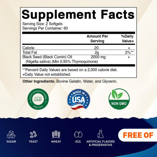 Black Seed Oil Capsules - 2000 Mg per Serving - 120 Softgels - Colde Pressed - Contains Min 0.95% Thymoquinone - Supports Healthy Immune Response - Made in the USA