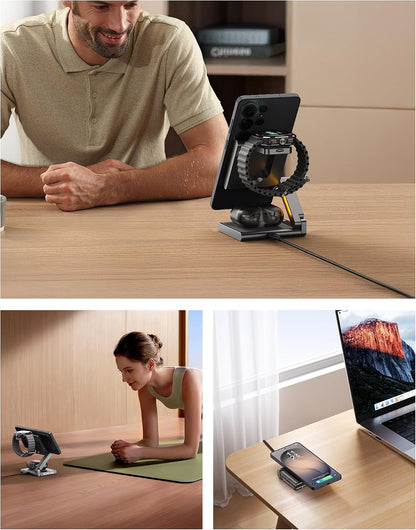 4 in 1 Wireless Charging Station for Samsung, Foldable Aluminum Magnetic Charger with LED Light for Samsung Galaxy S25/Ultra/S24/S23/S22, Galaxy Watch 8/7/6/5, Galaxy Buds/Pro