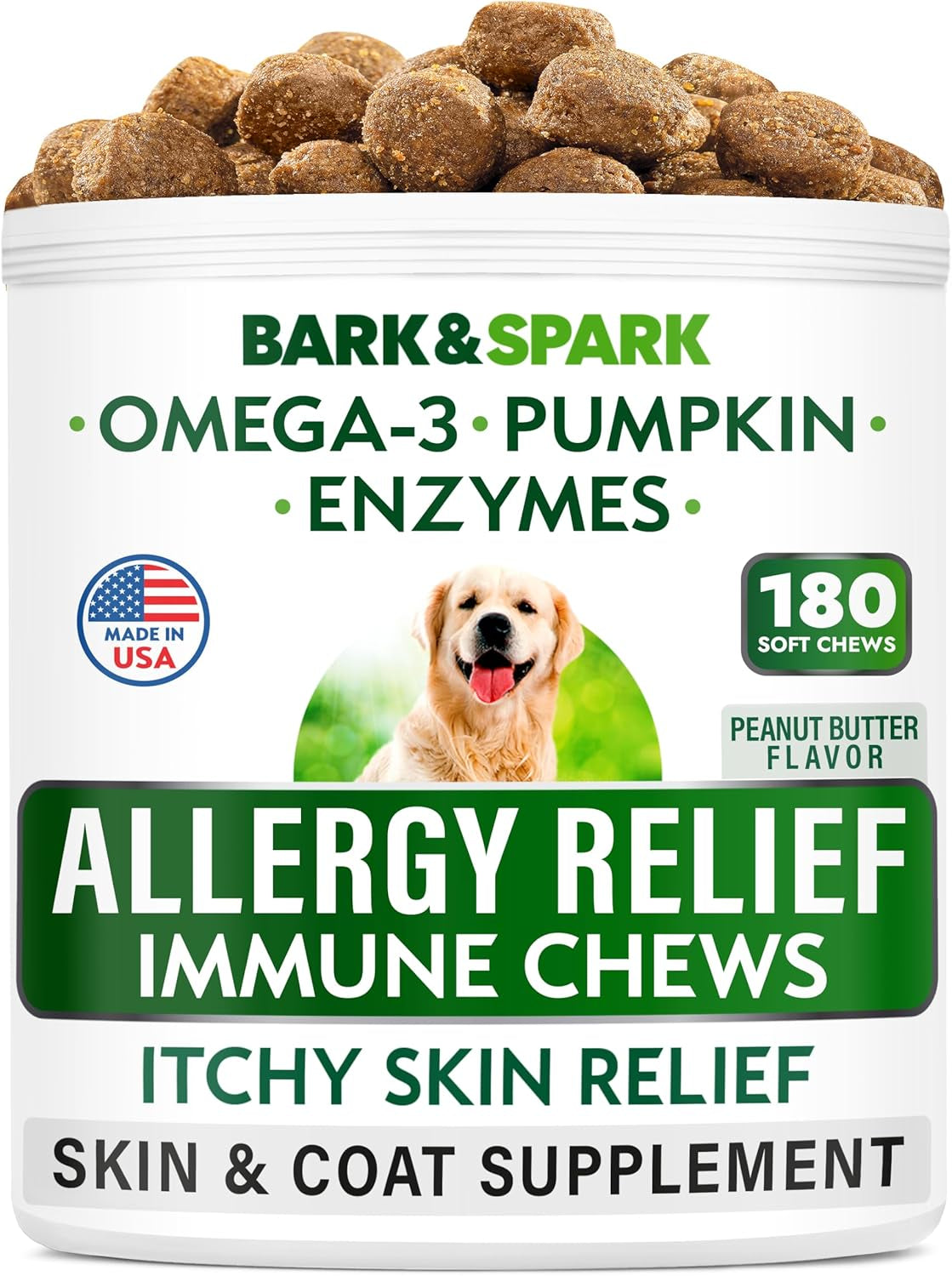 Dog Allergy Relief Soft Chews for Skin Health & Seasonal Allergies - Anti-Itch Supplement W/Omega-3, Quercetin & Bromelain Immune Treats for Dry Skin & Hot Spots - Peanut Butter - 180Ct