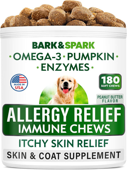Dog Allergy Relief Soft Chews for Skin Health & Seasonal Allergies - Anti-Itch Supplement W/Omega-3, Quercetin & Bromelain Immune Treats for Dry Skin & Hot Spots - Peanut Butter - 180Ct