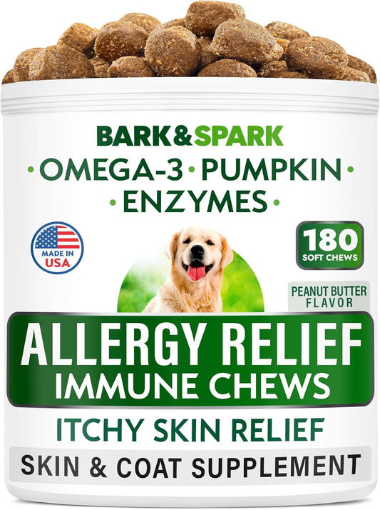 Dog Allergy Relief Soft Chews for Skin Health & Seasonal Allergies - Anti-Itch Supplement W/Omega-3, Quercetin & Bromelain Immune Treats for Dry Skin & Hot Spots - Peanut Butter - 180Ct